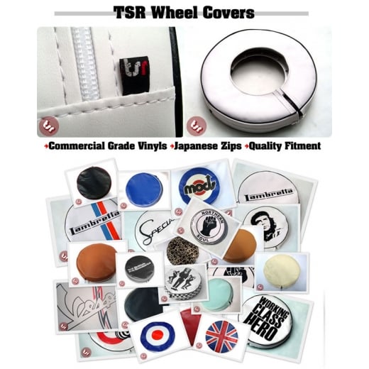 VESPA/LAMBRETTA 10" Spare Wheel Cover Black/White Pipe