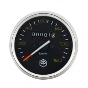 VESPA Round Speedo/Speedometer 120kph Black Face/Yellow Text P200E/PX125/PX150